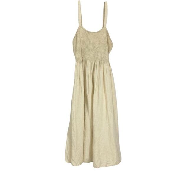 NWOT J CREW Dress XL Linen-Cotton Cream Fit&Flare Smocked Pleated Midi Straps - Picture 2 of 5